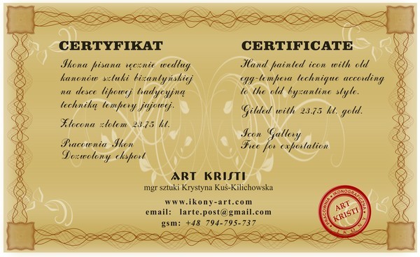 Certyfikat Pracownia Ikonograficzna Art Kristi. Ikona ręcznie malowana pisana